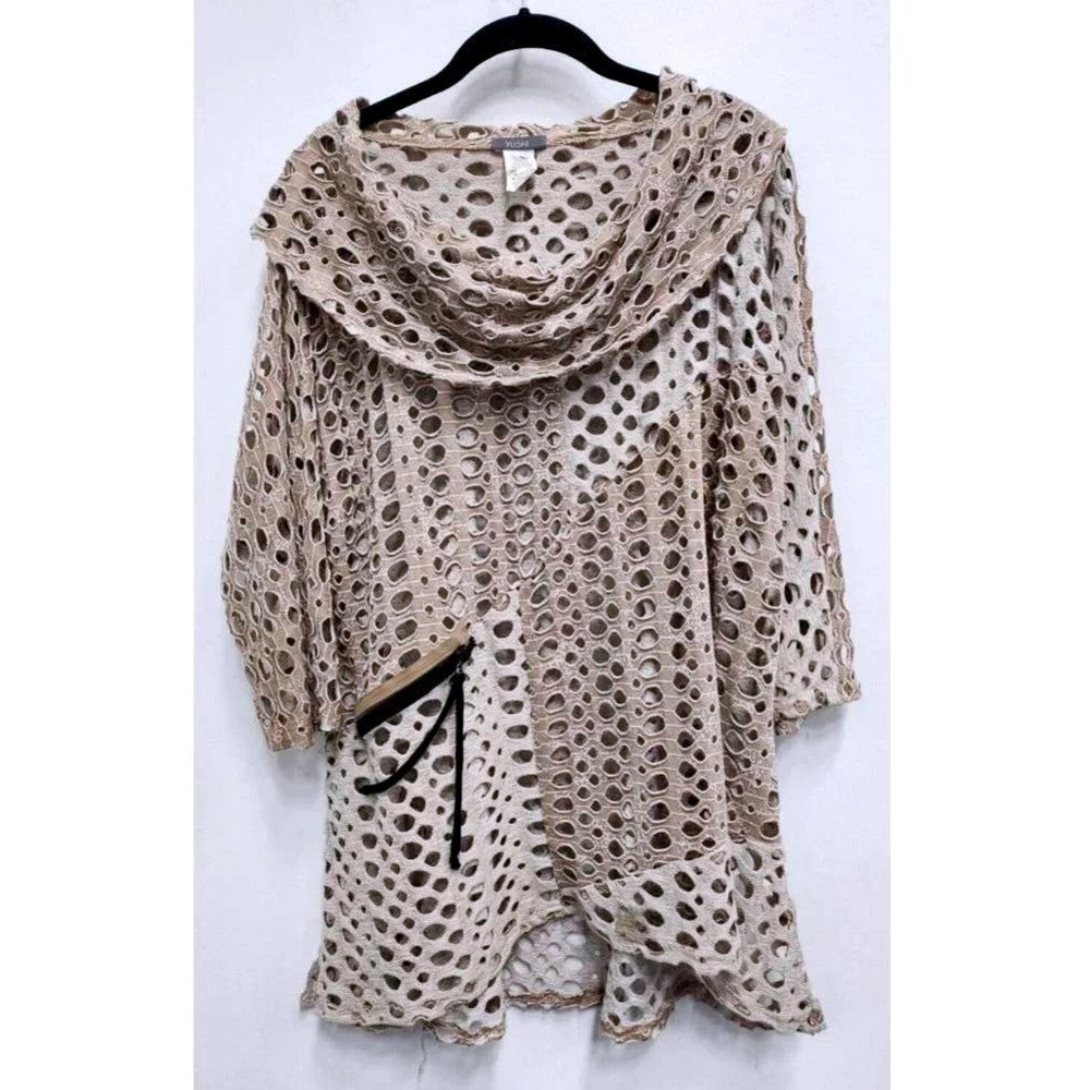 Yushi Open Knit Cowl Neck Tunic Top Womens Large Tan Mesh Lagenlook Artsy